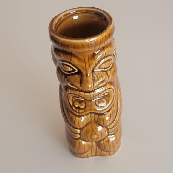 Hawaiian Polynesian Tiki Mug Cup Vase Brown Barware Glazed 6.25" tall - Picture 4 of 10